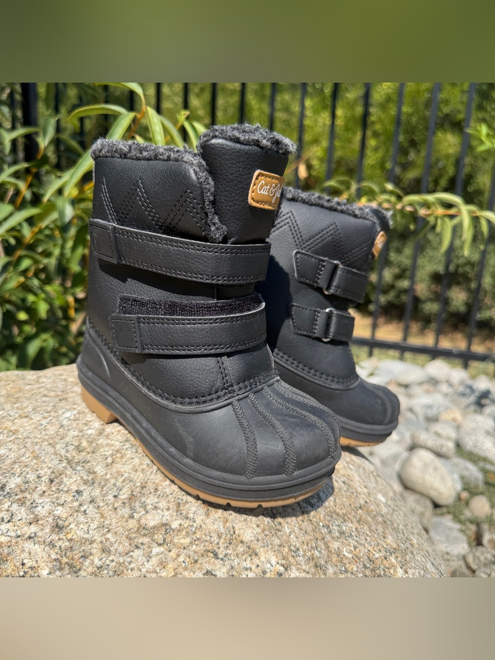 Cat & Jack Toddler Boys Size 9 Black Faux Fur Lined Winter Snow Duck Boots Warm
